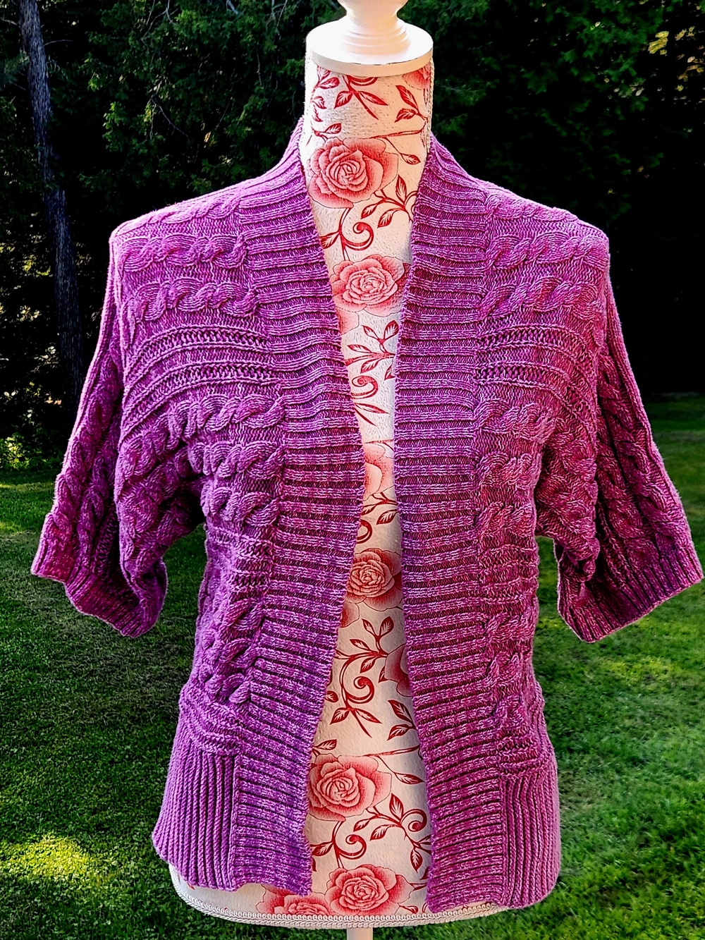 New York & Company Short-Sleeve Cable-Knit Open Cardigan in Purple